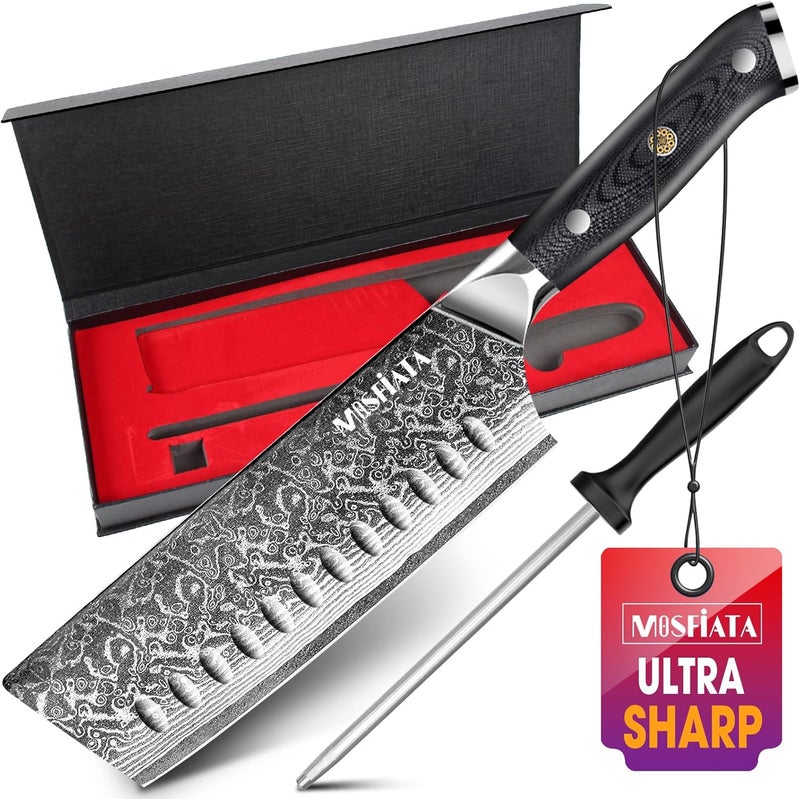 MOSFiATA 7'Nakiri Knife Damascus Professional Sharpe Chef Knife， Kitchen Knifed Damascus Steel VG-10 Blade with Ergonomic Handle Sharpener - Image 1